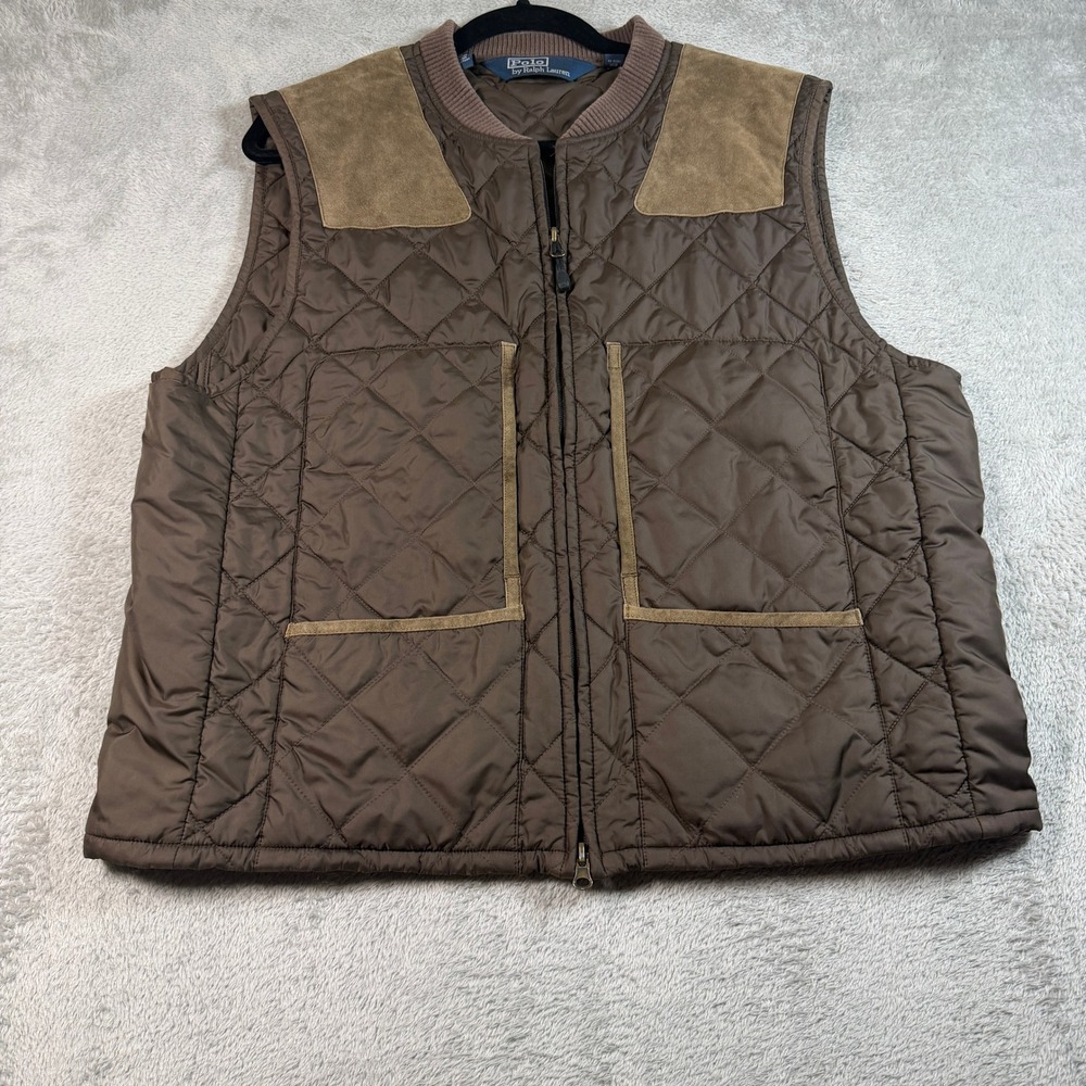 Vintage Polo Ralph Lauren Diamond Quilted Hunting Vest Mens XL Brown Full Zip